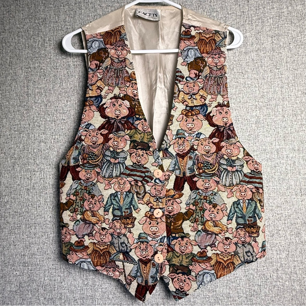 Vintage‎ Facets 80s/90s Pigs/Animals in Clothes Tapestry Vest Size Large